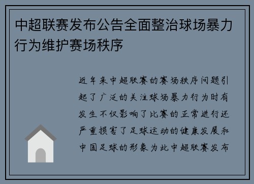 中超联赛发布公告全面整治球场暴力行为维护赛场秩序 中超联赛发布公告全面整治球场暴力行为维护赛场秩序