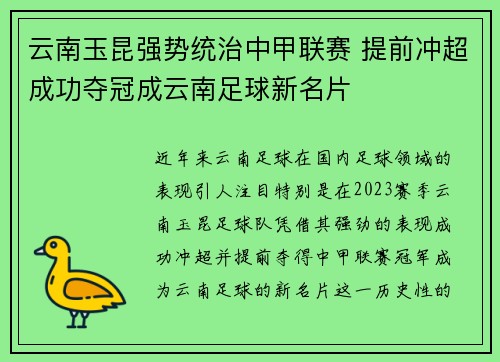 云南玉昆强势统治中甲联赛 提前冲超成功夺冠成云南足球新名片 云南玉昆强势统治中甲联赛 提前冲超成功夺冠成云南足球新名片